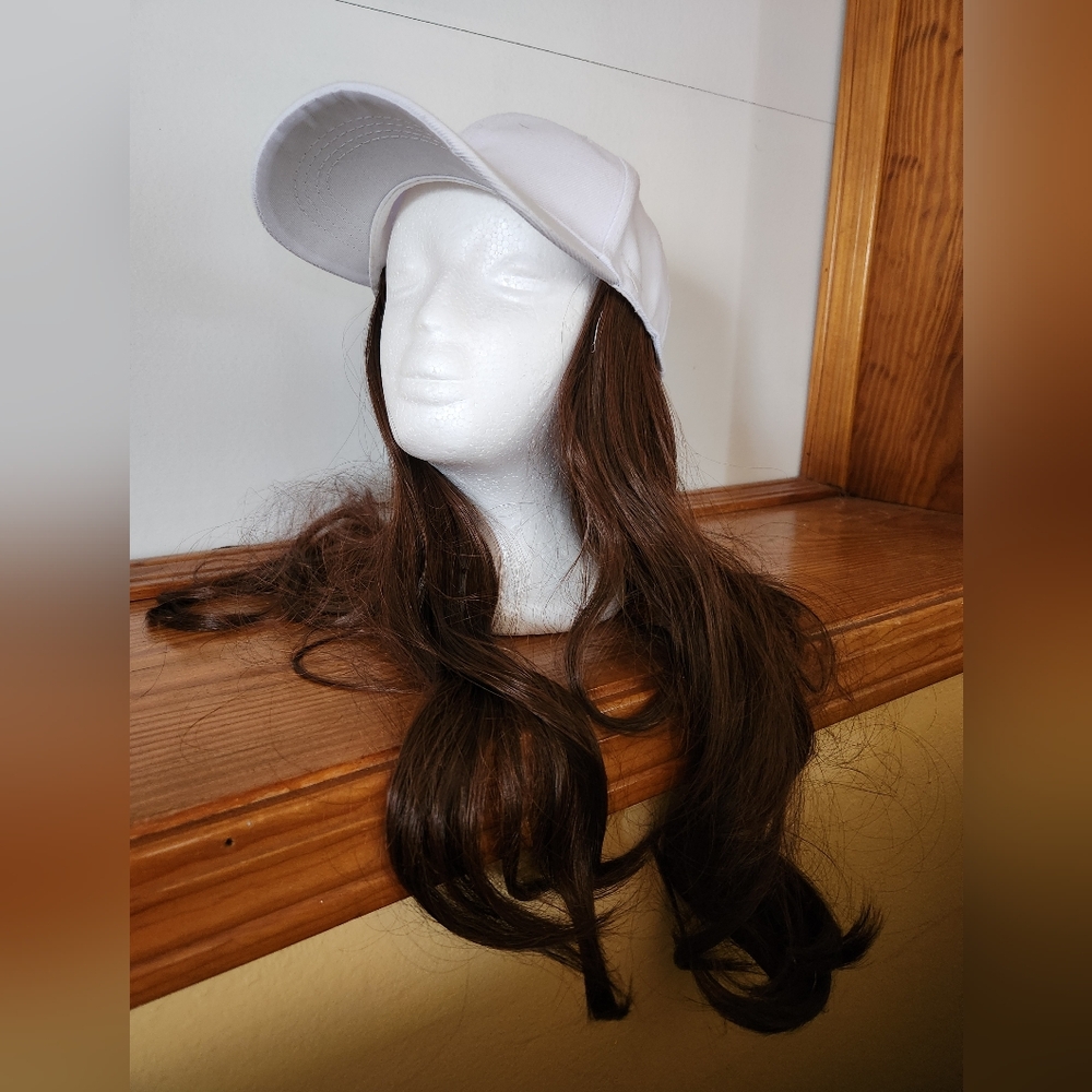 White Baseball Cap Wig with Long Brown Wig - Classic Casual Hairpiece